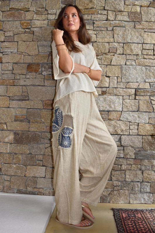 Lindin Linen Blend Crochet Flower Barrel Pant Washed Sandstone